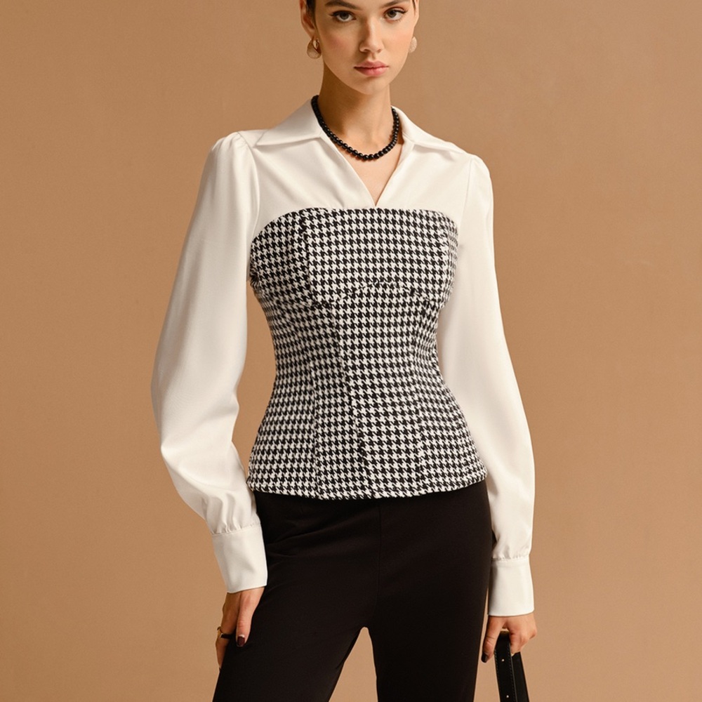 Commense Black and White Houndstooth Blouse